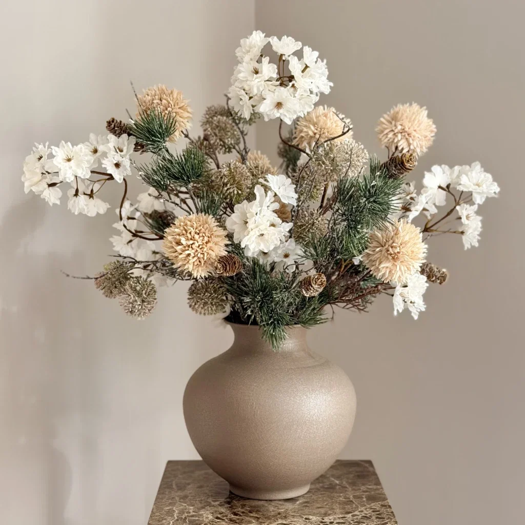 Bruine vaas met nude zijden bloem boeket