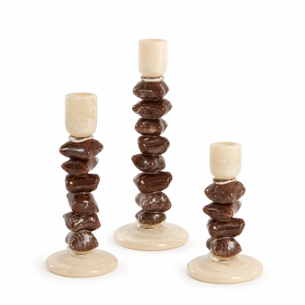 Glazen kandelaar Estina crème donker bruin - Set van 3