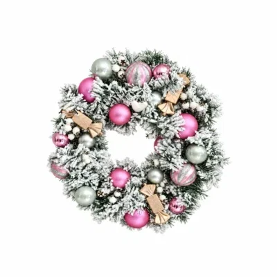 Kerstkrans met roze en witte decoratie – Ø 45 cm